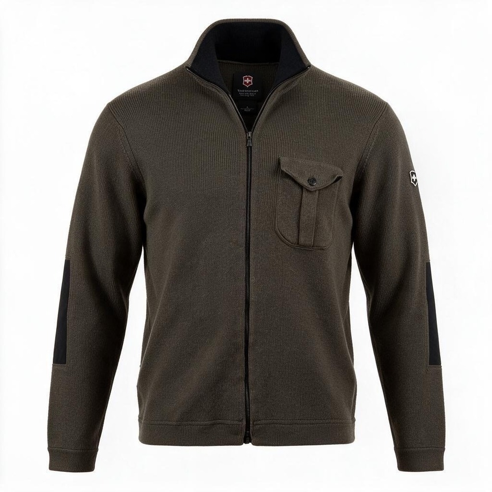 Victorinox Full Zip Sweater Jacket Men L Olive Merino Wool Silk Italy #3054